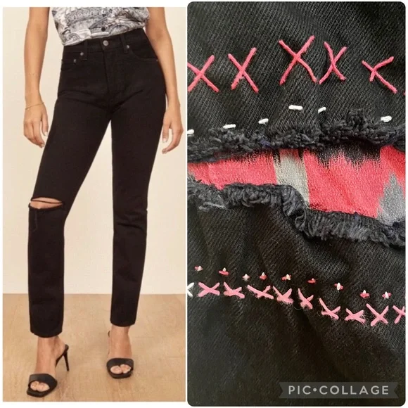 Reformation SAMPLE Julia High Cigarette Jeans Black Destroyed with Knee Patch - Picture 1 of 13